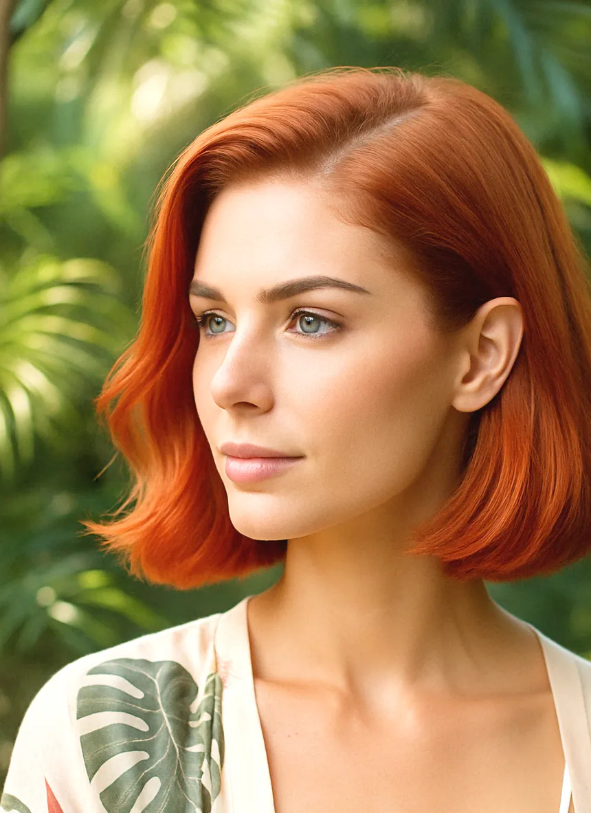 Red-haired salon portrait with a softly coloured bob