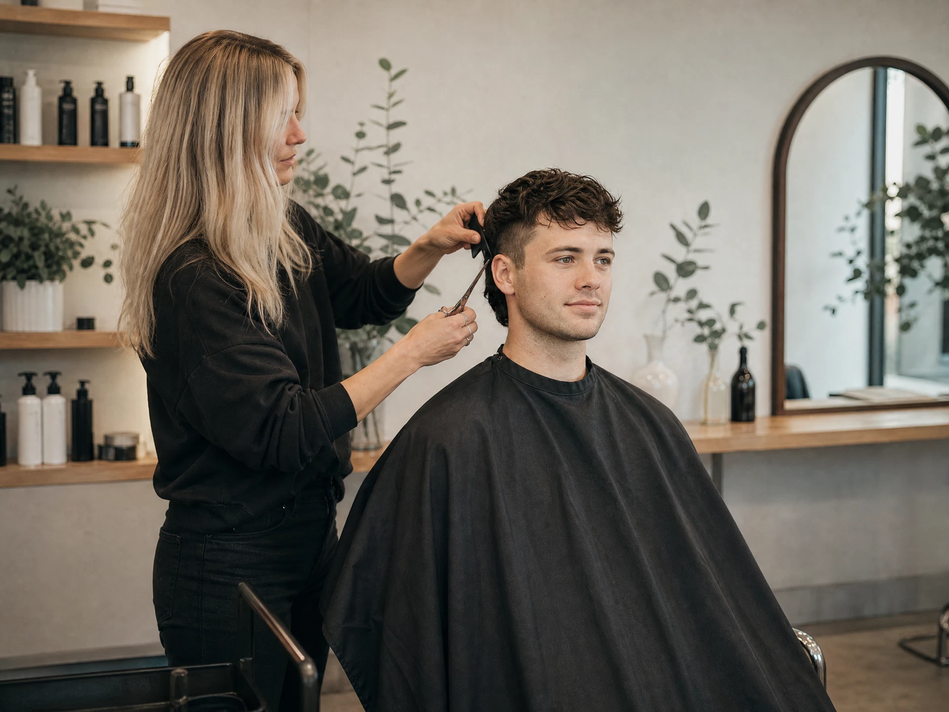 Young man receiving a haircut in a working salon environment at Iconiq Salon